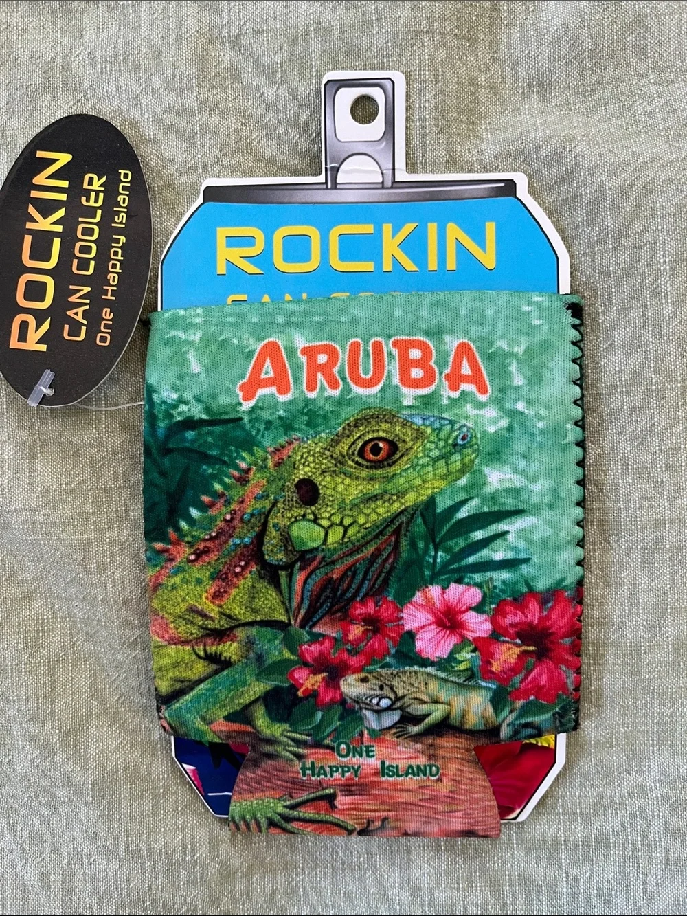 Aruba Green Reptile Iguana Can Cooler Sleeve NWT One Happy Island